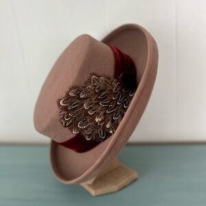 Chic Tan Hat Wool with Feather Detail and Red Velvet Band